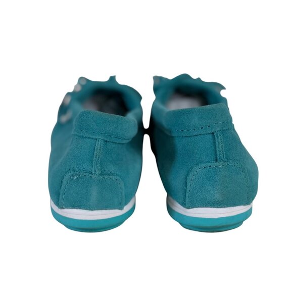 Minnetonka Turquoise Suede Moccasins Kitty Plus Womens Size 10 Fringe Whipstitch - Picture 5 of 16